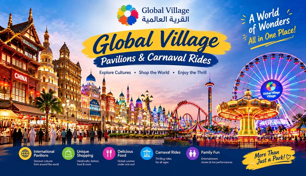 Global Village pavilions and Carnaval rides